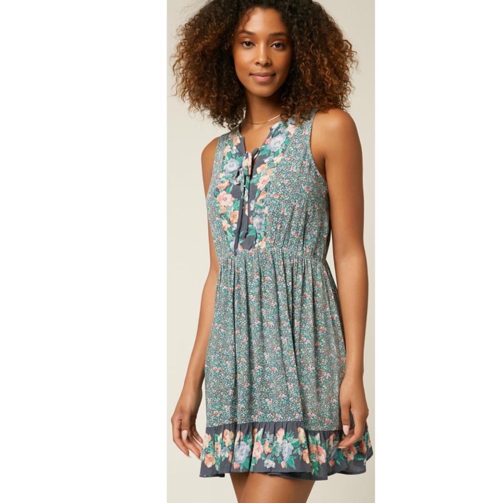 O'Neill Linney Floral Lace Up V-Neck Sleeveless Mini Dress Blue Green Small